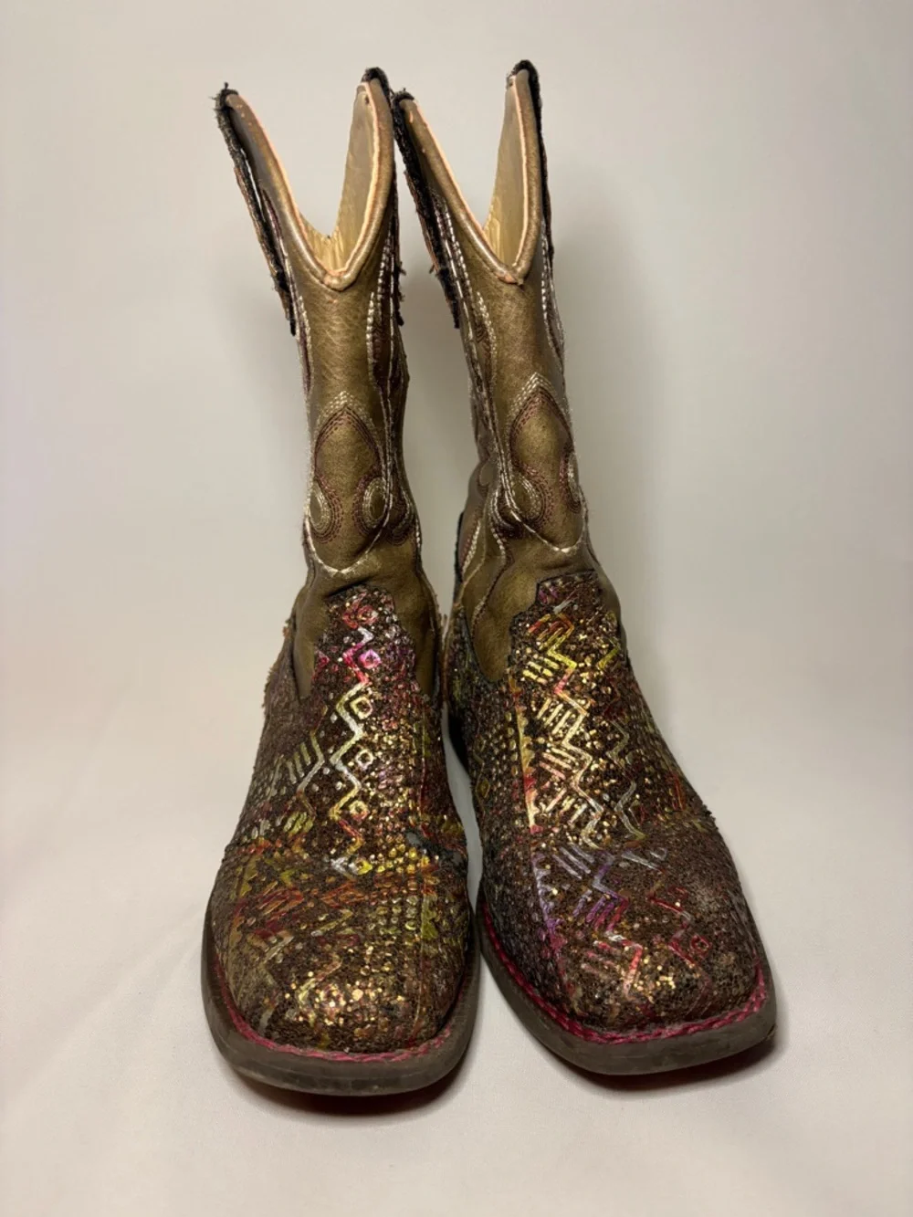Roper Kids Aztec Glitter Square Toe wCowboy Boots‎ Brown Multi Color Size 12 EUC